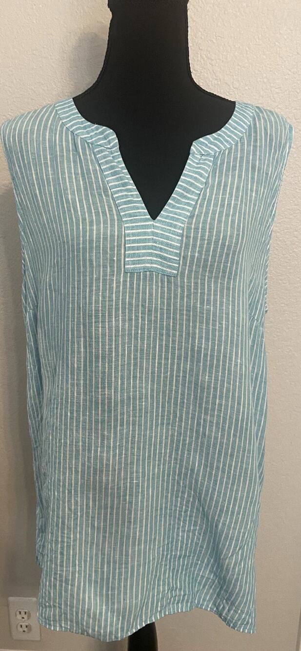 Talbots 100% Linen Sleeveless Split Neck Top Blue White Coastal Stripe Size XL